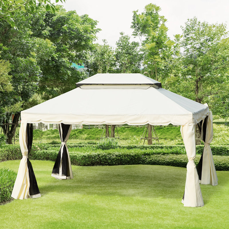 Abri de jardin à deux niveaux avec auvent et cadre en aluminium 10 x 13 pi Outsunny avec filet et rideaux, beige