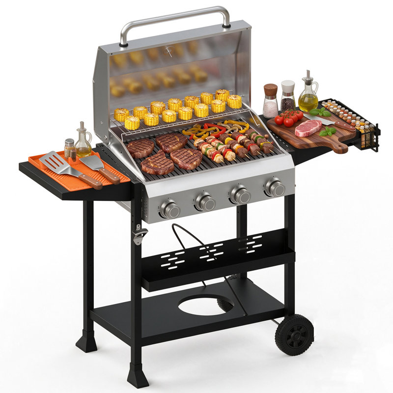 Barbecue au propane avec couvercle, roues et tables d'appoint pliables, 4 Burners
