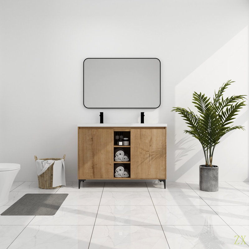 Meuble-lavabo autoportant 48 po avec lavabo double, charnière de porte à fermeture en douceur (ensemble KD)