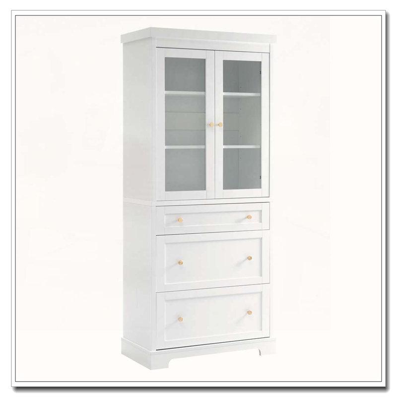 Grande armoire de salle de bain autoportante avec 2 tablettes réglables, 3 tiroirs, portes en verre à fermeture en douceur