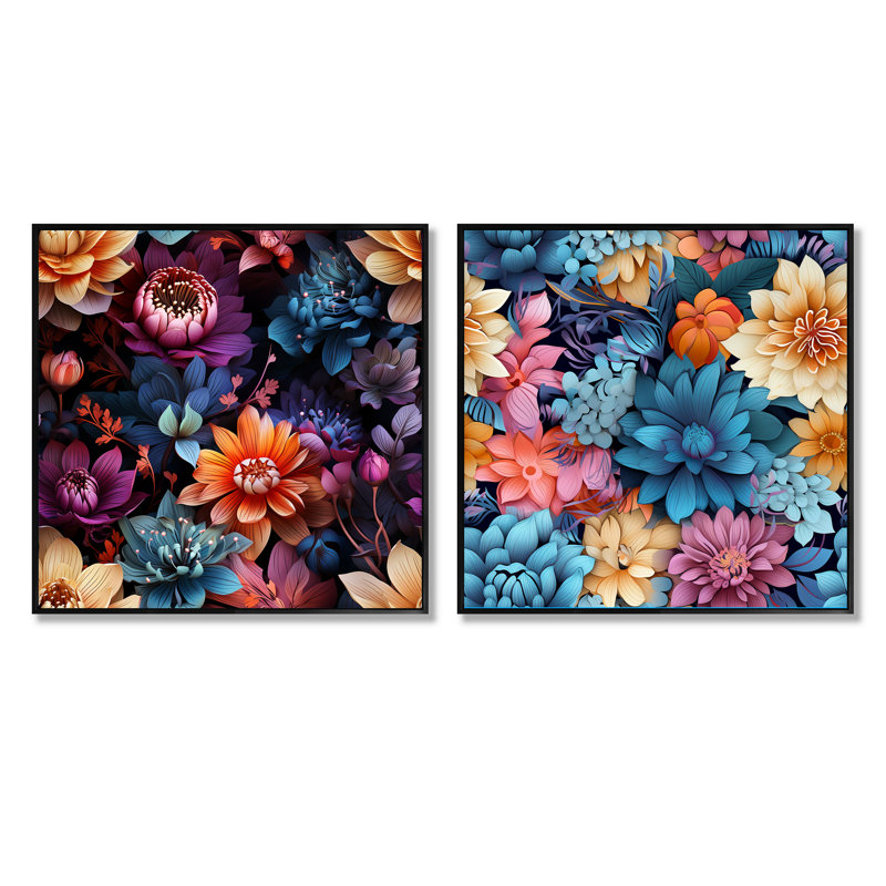 Harrelson - Ensemble de 2 collages carrés floraux, Cadre flottant noir, H 30 po x l 61 po