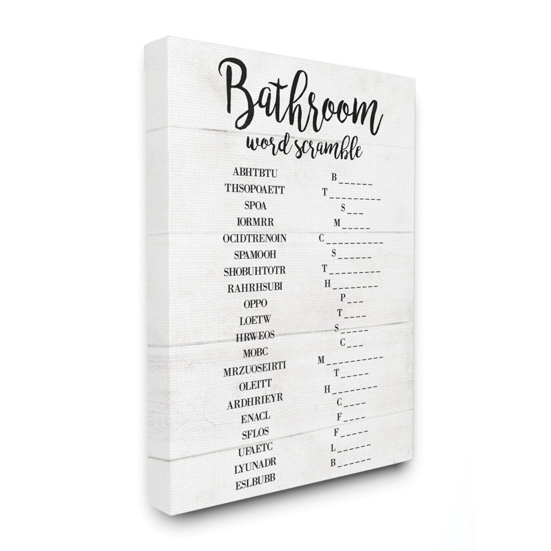 «Bathroom Word Scramble White and Black», impression, Toile tendue, H 30 po x l 40 po x P 1,5 po