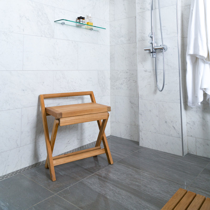 Fiji 16'' Teak Wood Folding Shower Bench with Brass Handle