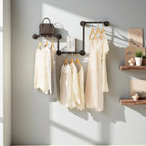 Industrial Pipe Clothes Rack With Two Floating Shelf, Wall Mounted, Space Saving Hanger With 6 Bases, For Shops, Homes,  Black