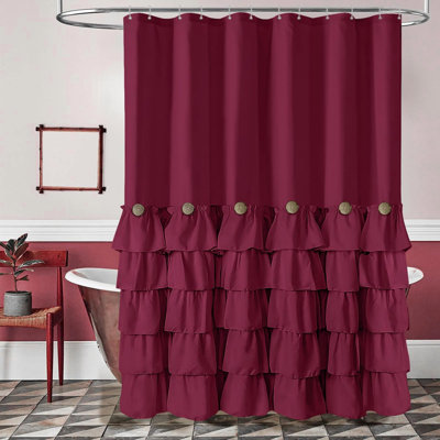 Berry Ruffle Shower Curtain With Wood Buttons - Quick-Drying Polyester Fabric, Vintage Farmhouse Style, Machine Washable For Bathroom Decor