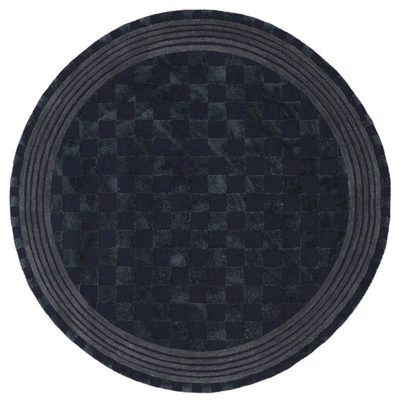 Navy Blue Tonal Check Rug, Round 6'
