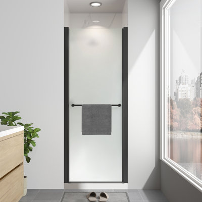 Porte de douche battante à cadre pivotant en aluminium noir mat de 24 à 26 po x H 72 po avec verre trempé givré de 1/4 po