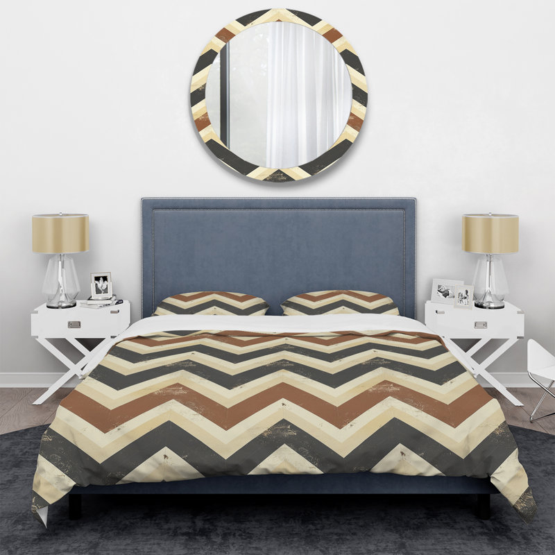 Ensemble de housse de couette moderne à motif de chevrons brun et crème I, Housse de couette pour grand lit et 2 taies décor
