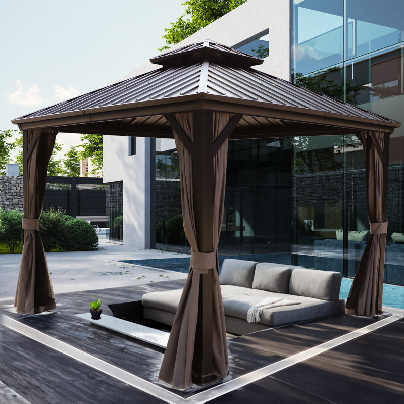 Pavillon de jardin à toit rigide double Kozyard Caesar avec rideau d'intimité et moustiquaire, 120 po x 120 po, Brown, Brun