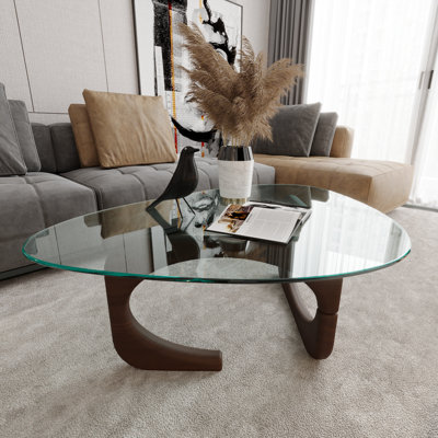 Vie-triangle Glass Coffee Table - Mid-century Modern Design, Solid Wood Base, Tempered Glass Top- 100*70*40 Cm