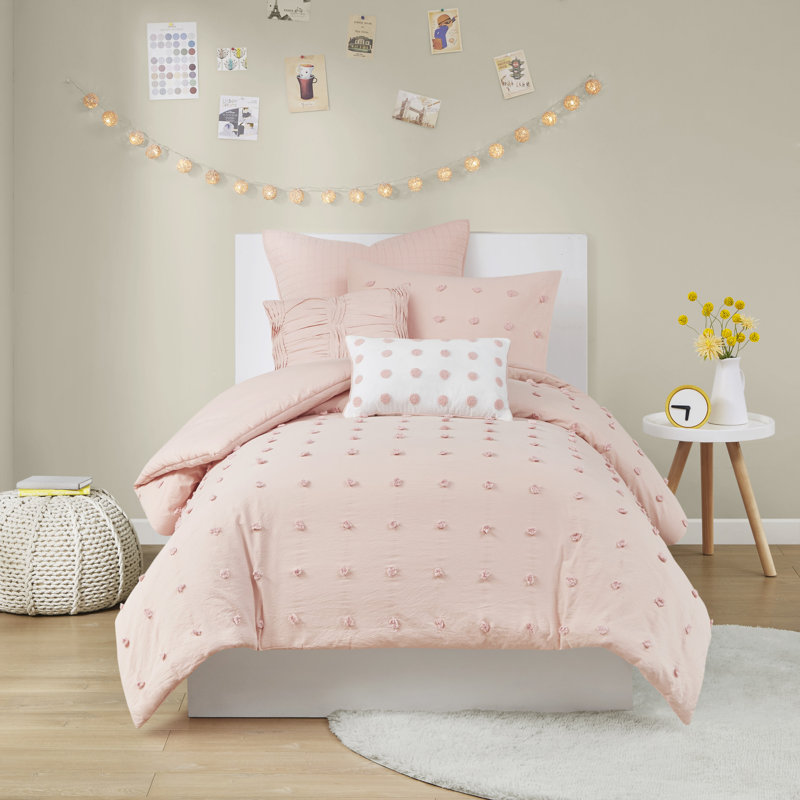 Pink Cotton Jacquard Twin/Twin XL Duvet Cover Set with Shams and Pillows