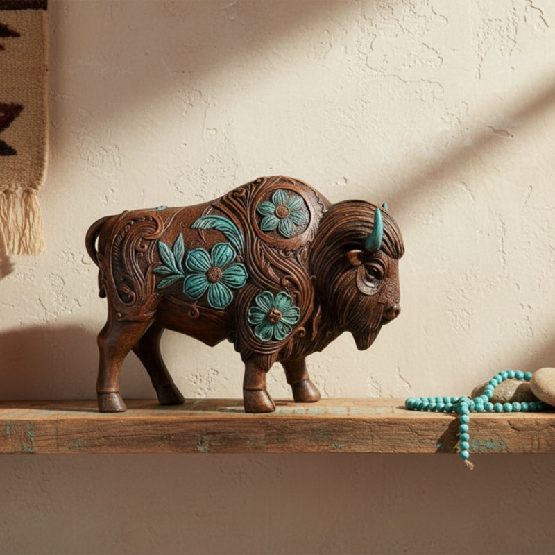 Sculpture de bison turquoise rustique Sud-Ouest