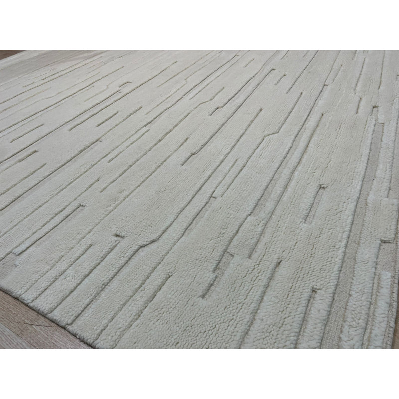 Tapis blanc contemporain en laine noué à la main, Rectangle 6 pi x 9 pi