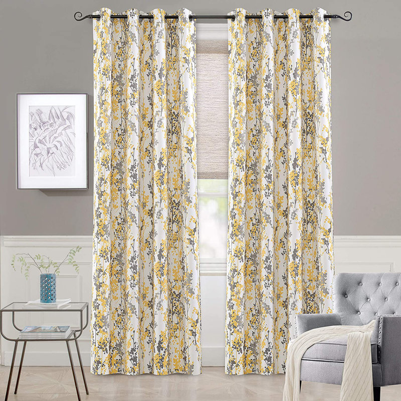 Aalayjah Abstract Floral Blossom Ink Painting Room Darkening Thermal Insulated Grommet Unlined Window Curtains , Navy/Gray