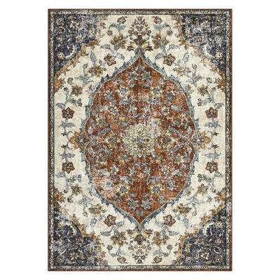 Vintage Machine Washable Bedroom Rug, Non-Slip Non-Shedding Low-Pile Dining Room Rug, Soft Rug for Living Room