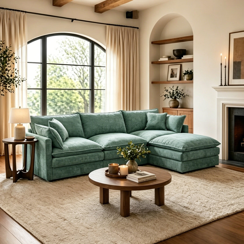 102'' Wide L-Shaped Living room sofa, Modular Sectional Sofa, 4 Seater Sofa Comfy Cloud Couch Chenille Upholstered Sofa with Ottoman,Green