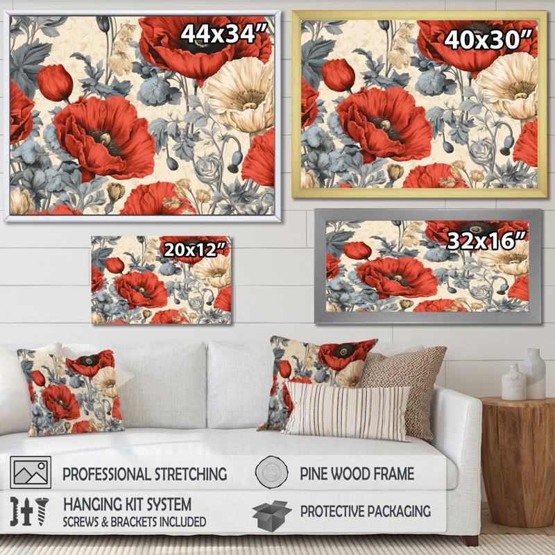 Corail et beige, rêves de coquelicots, H 16 po x l 32 po x P 1 po, Cadre flottant blanc