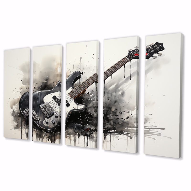 Charbon de bois, guitare, vibrations, II, art mural 5 pièces, H 28 po x l 60 po