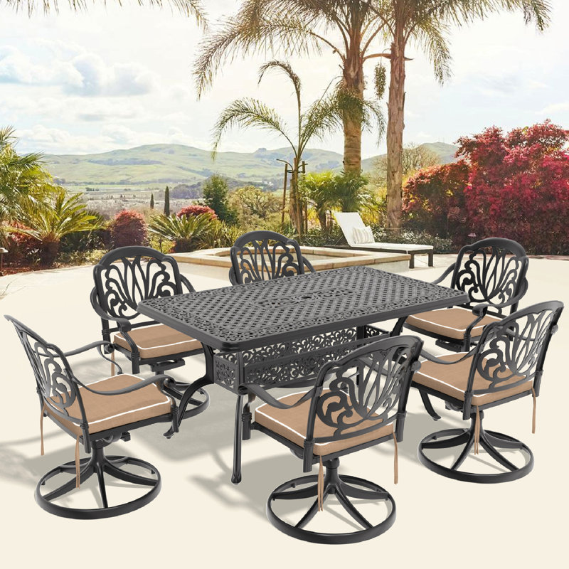 Ensemble de salle à manger 7 pièces en fonte d'aluminium toutes saisons, comprenant 6 chaises pivotantes et une table rectangulaire avec cadre noir, trou pour parasol