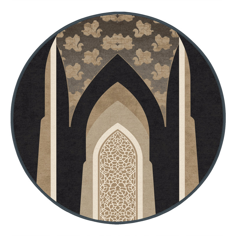Tapis oriental classique lavable à la machine en noir Pantelis - reliure noire, Rond 8 pi