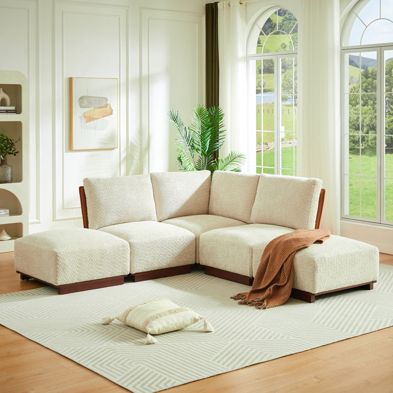 Canapé d'angle modulaire Velora 88,5 po (225 cm) en forme de V, 5 pièces, en bouclette, combinaison libre, canapé rembourré haut de gamme avec pouf pour salon, chambre ou appartement