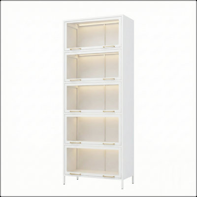 Vitrine en fer de 76,75 po de hauteur avec portes en verre, bibliothèque en acier à 5 niveaux avec lumières DEL pour objets de collection, vitrine de style moderne pour la maison et le bureau