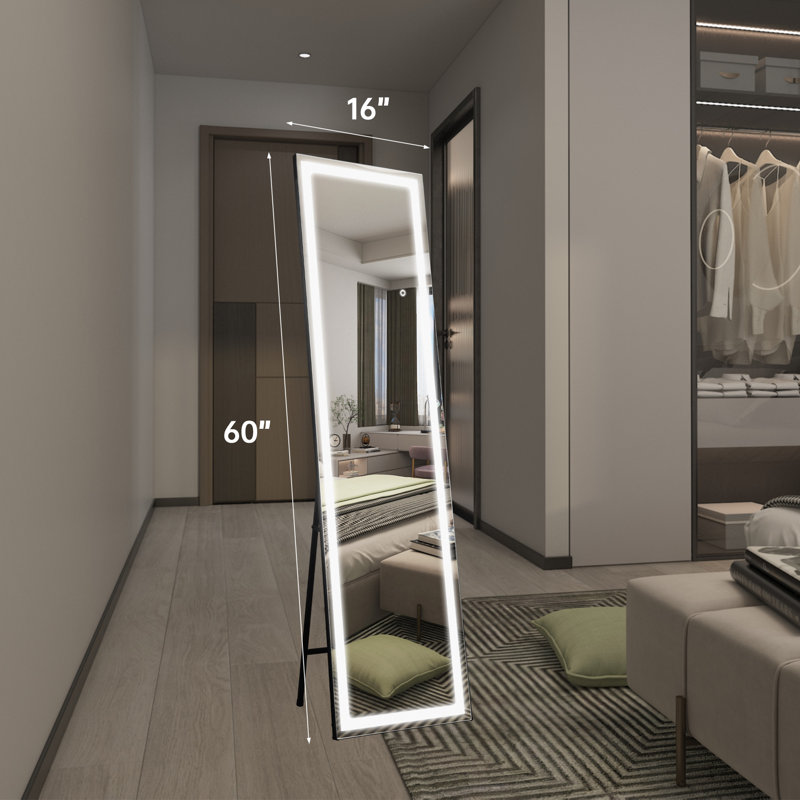 Miroir sur pied 60" x 16" avec éclairage DEL intégré, cadre noir, verre trempé incassable, fonction de variation d'intensité et de mémorisation, idéal pour la chambre, le salon ou le dressing.