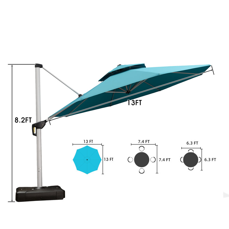 Parasol en porte-à-faux extérieur double avec repose-pieds 13 pieds Ronud, Bleu turquoise
