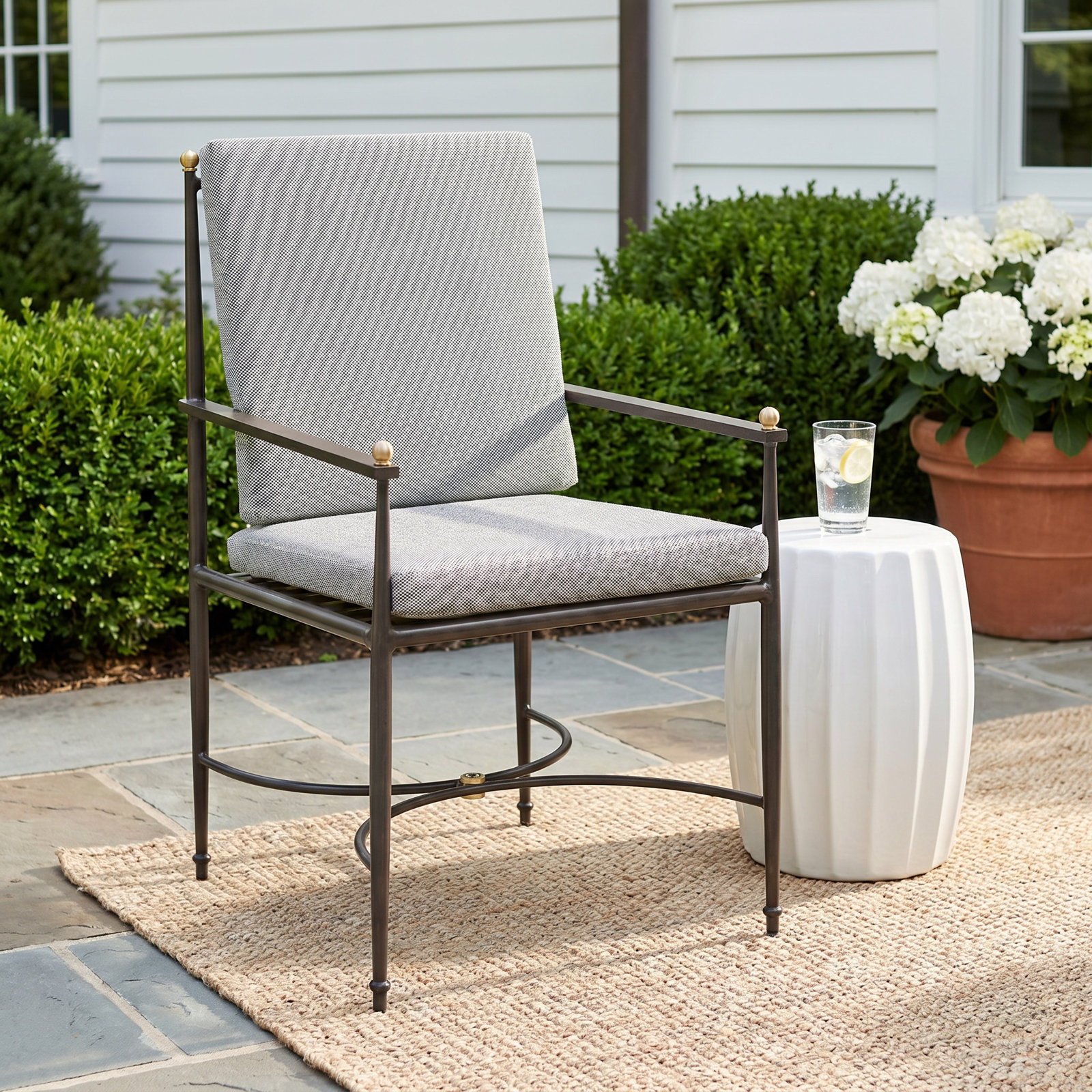 Roma Wrought Aluminum Outdoor Arm Chair, No Welt, Natural White