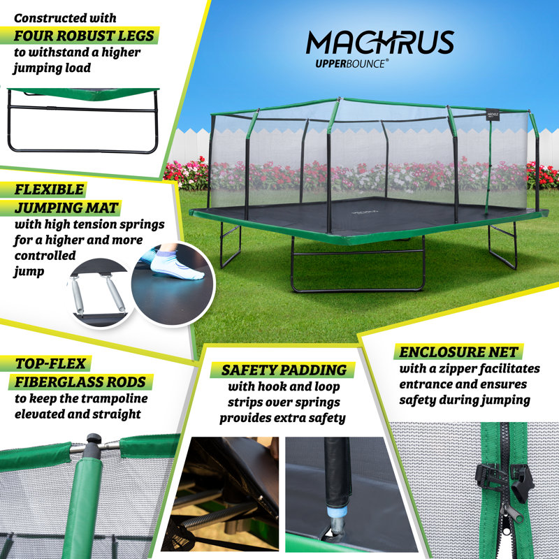 Machrus Upper Bounce 12 x 12 FT Square Trampoline Set with Premium Top-Ring Enclosure and Safety Pad, Black/Green
