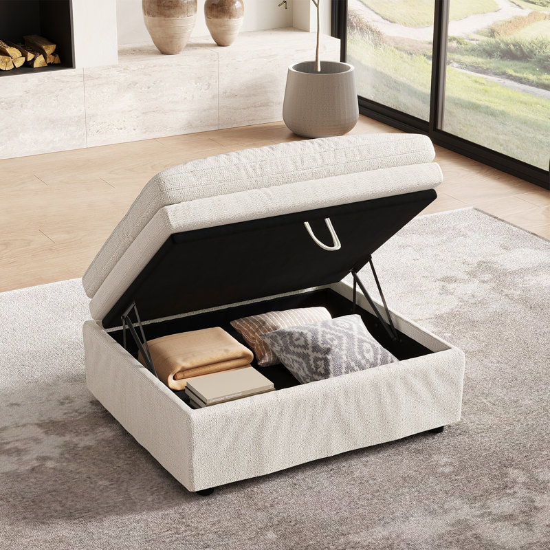 35" Wide Upholstered Seat Cushion Comfy Storage Down Ottoman, Beige