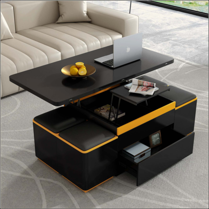 Table basse 3-en-1 convertible à plateau relevable - Mode repas pliable, 4 tabourets de rangement pour le salon
