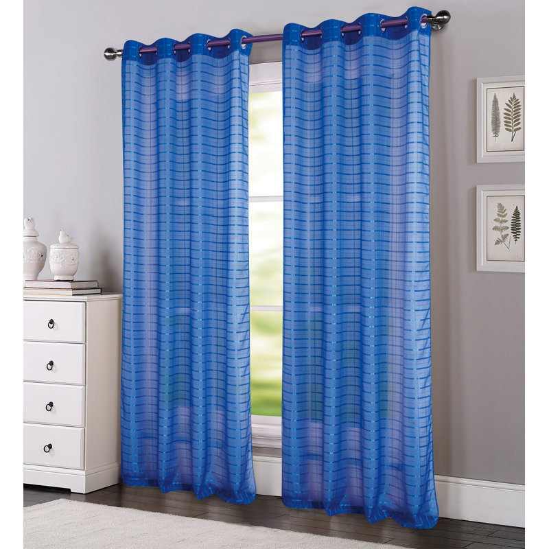 Jardine Plaid Stripe Sheer Window Curtain Panel, Neon Blue