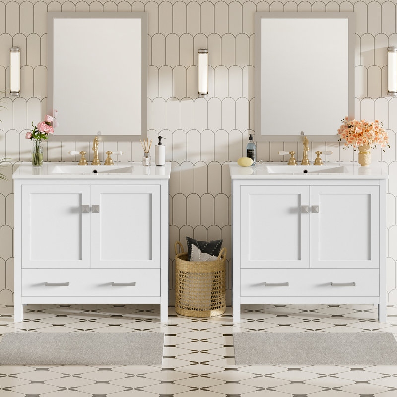 Meuble-lavabo moderne blanc de 72 pouces avec lavabos en céramique, portes à fermeture en douceur et dossier ouvert pour la plomberie, double meuble-lavabo 72 po, éviers à débordement