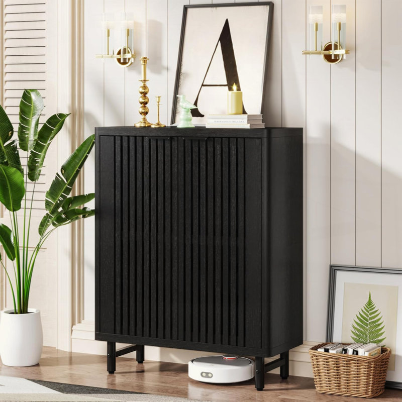 Armoire à chaussures moderne en bois à 6 niveaux avec portes à persiennes, Noir