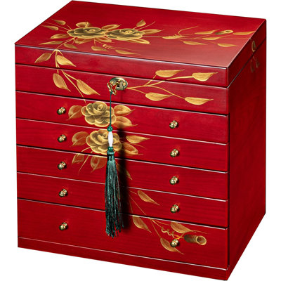 Boîte à bijoux fabriquée à la main en bois de rose avec serrure - Organisateur de bijoux grande capacité 6 couches pour femme, rangement doublé de velours pour colliers, bagues, boucles d'oreilles, montres et verres