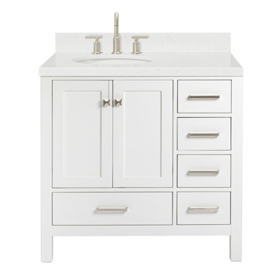 Meuble-lavabo simple en bois massif 36 po Cambridge avec plateau en quartz blanc Carrara 1,5 po Cambridge