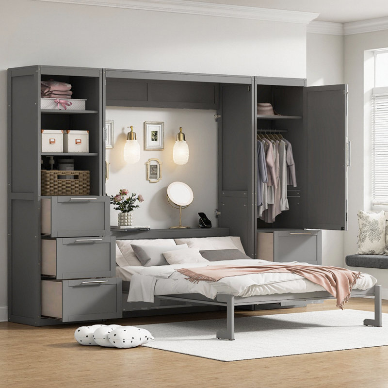 Lit escamotable grand format VARELON avec placard, tiroirs et tablettes, Gris