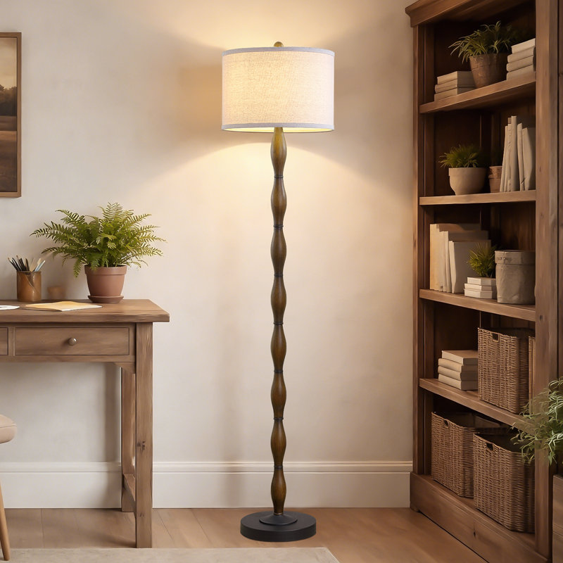 61.5" Walnut Finish Floor Lamp With Sculpted Column And Linen Shade