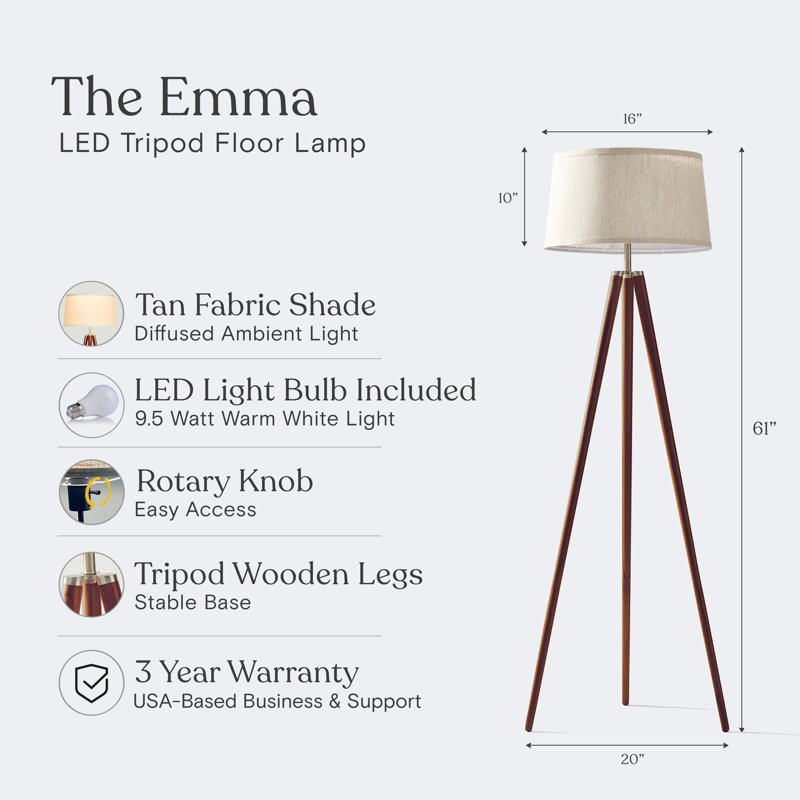 Emma 61 in. Mid-Century Modern LED Energy-Efficient Floor Lamp with Fabric Drum Shade and Tripod Wooden Legs, Brown