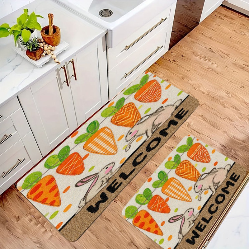 Tapis de cuisine antidérapant 2 pièces Carrot Welcome Bunnies, Lapins de bienvenue carottes beiges / orange