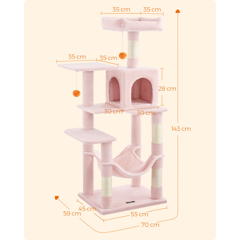 143cm H Cat Tree, Pink, 112cm H x 62cm W x 46cm D