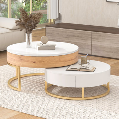 Jonah Coffee Table, Lift-Top Round Nesting Table With 2 Drawers