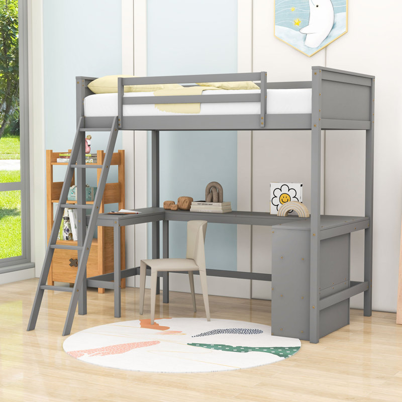Lit mezzanine simple avec bureau, tablettes et garde-corps, Gris
