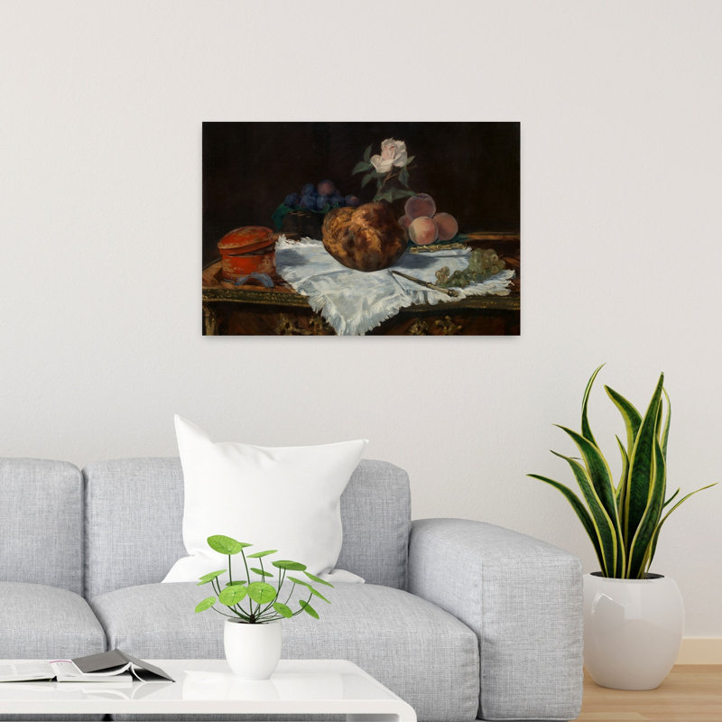 The Brioche, 1870 Impressionist Abstract Contemporary Rose Flower Fruit Wall Art Print by Edouard Manet - Wrapped Canvas Print