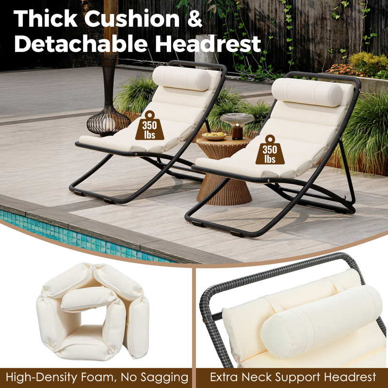 2-Piece Folding Rattan Patio Chaise Lounge, Adjustable Recliner With Cushion And Headrest, Black