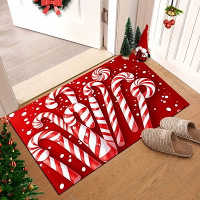 Non-Slip Indoor Outdoor Christmas Door Mat, 16"x24",Red Candy Cane Art
