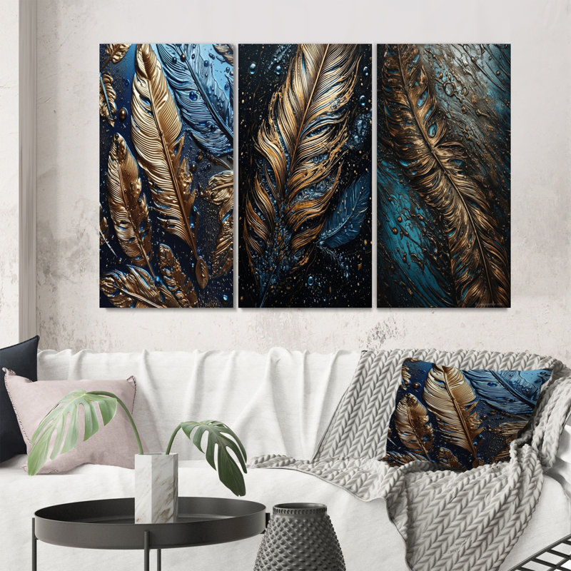 «Gold Feather Glamour», 3 pièces sur toile, Toile tendue, H 40 po x l 60 po