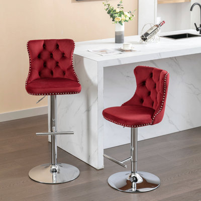 2Pcs Swivel Velvet Barstools Adjusatble Seat Height From 25-33 Inch, Modern Upholstered Chrome Base Bar Stools