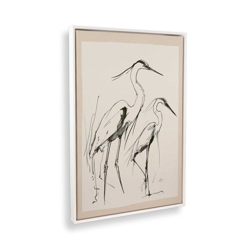 «Two Herons» par Nadja, reproduction d'art, H 32 po x l 24 po, Cadre flottant, Blanc